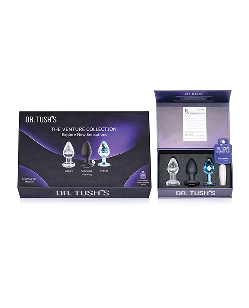 Dr. Tush's Venture Collection retail packaging box labeled Medium, shown open with glass, silicone, and metal plugs plus lubricant sachet