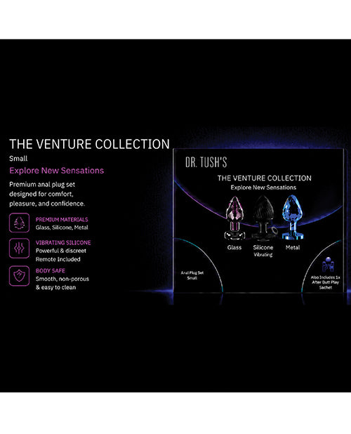 Dr. Tush's Venture Collection Small anal plug set marketing graphic listing premium materials and vibrating silicone features
