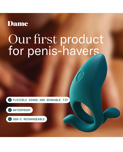 Dame Hug Vibrating Couples Ring marketing graphic highlighting flexible wings, waterproof design, and USB-C charging