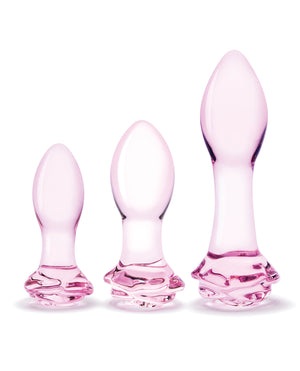 Glas 3 pc Rosebud Butt Plug Set