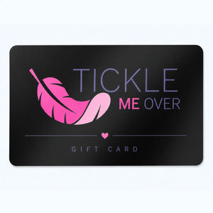 Gift card with pink feathers and 'Tickle Me Over' text on a black background