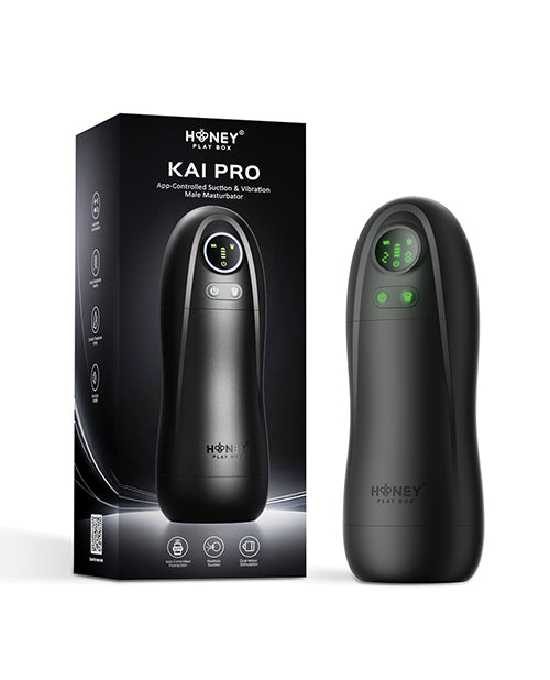 Honey Play Box Kai Pro masturbator shown beside its retail packaging box with LED display and control buttons visible