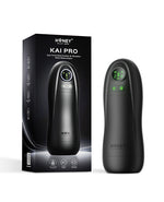 Honey Play Box Kai Pro masturbator shown beside its retail packaging box with LED display and control buttons visible