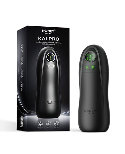 Honey Play Box Kai Pro masturbator shown beside its retail packaging box with LED display and control buttons visible
