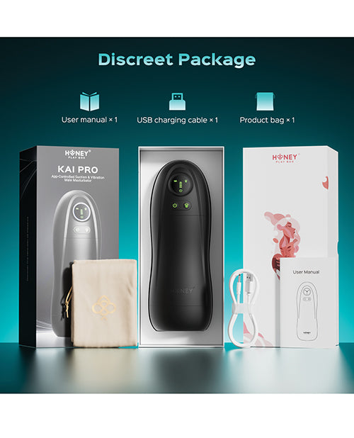 Honey Play Box Kai Pro discreet package infographic showing the device, packaging, storage pouch, USB cable, and user manual