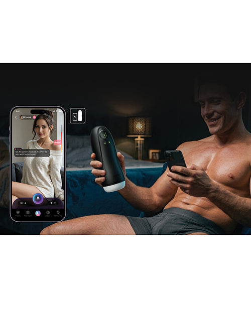 Honey Play Box Kai Pro shown in use with a smartphone displaying the app's interactive chat and voice control feature