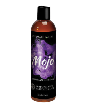 Bottle of Intimate Earth Mojo performance silicone lubricant on a white background