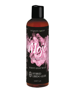 Bottle of Intimate Earth Mojo hybrid libido glide and personal lubricant on a white background