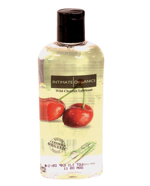 Bottle of Intimate Organics Wild Cherries flavored  personal Lubricant on a white background