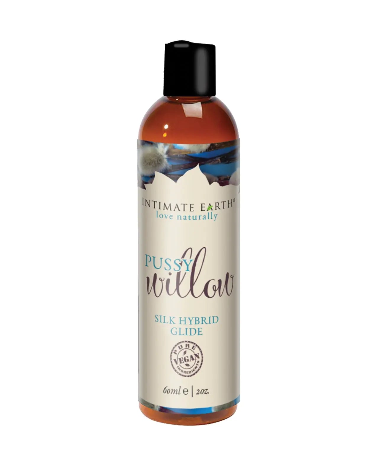 Bottle of Pussy Willow Silk Hybrid Glide and personal lubricant with Intimate Earth branding on a white background