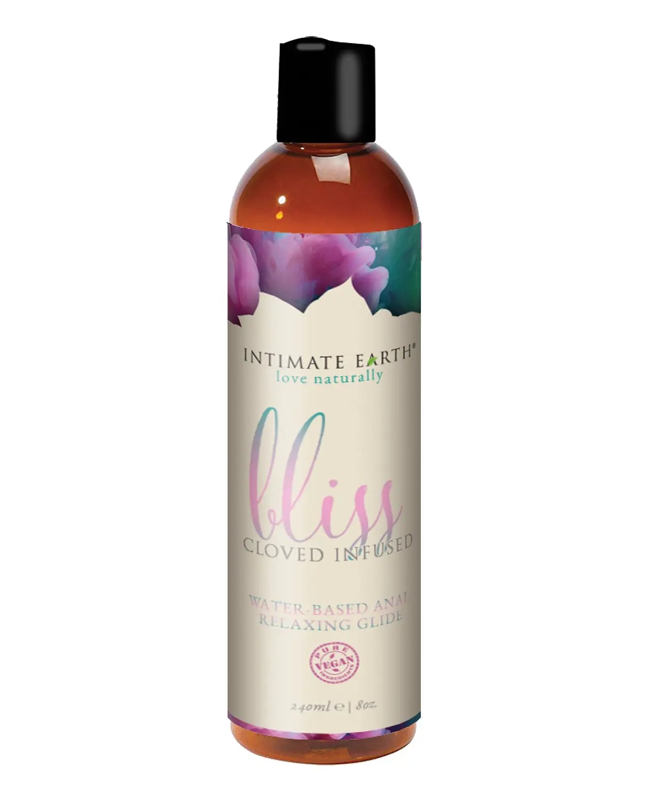 Bottle of Intimate Earth Bliss Clove Infused anal lubricant glide product on a white background
