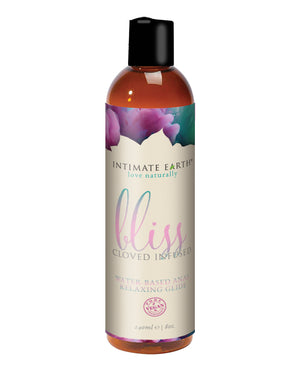 Bottle of Intimate Earth Bliss Clove Infused anal lubricant glide product on a white background