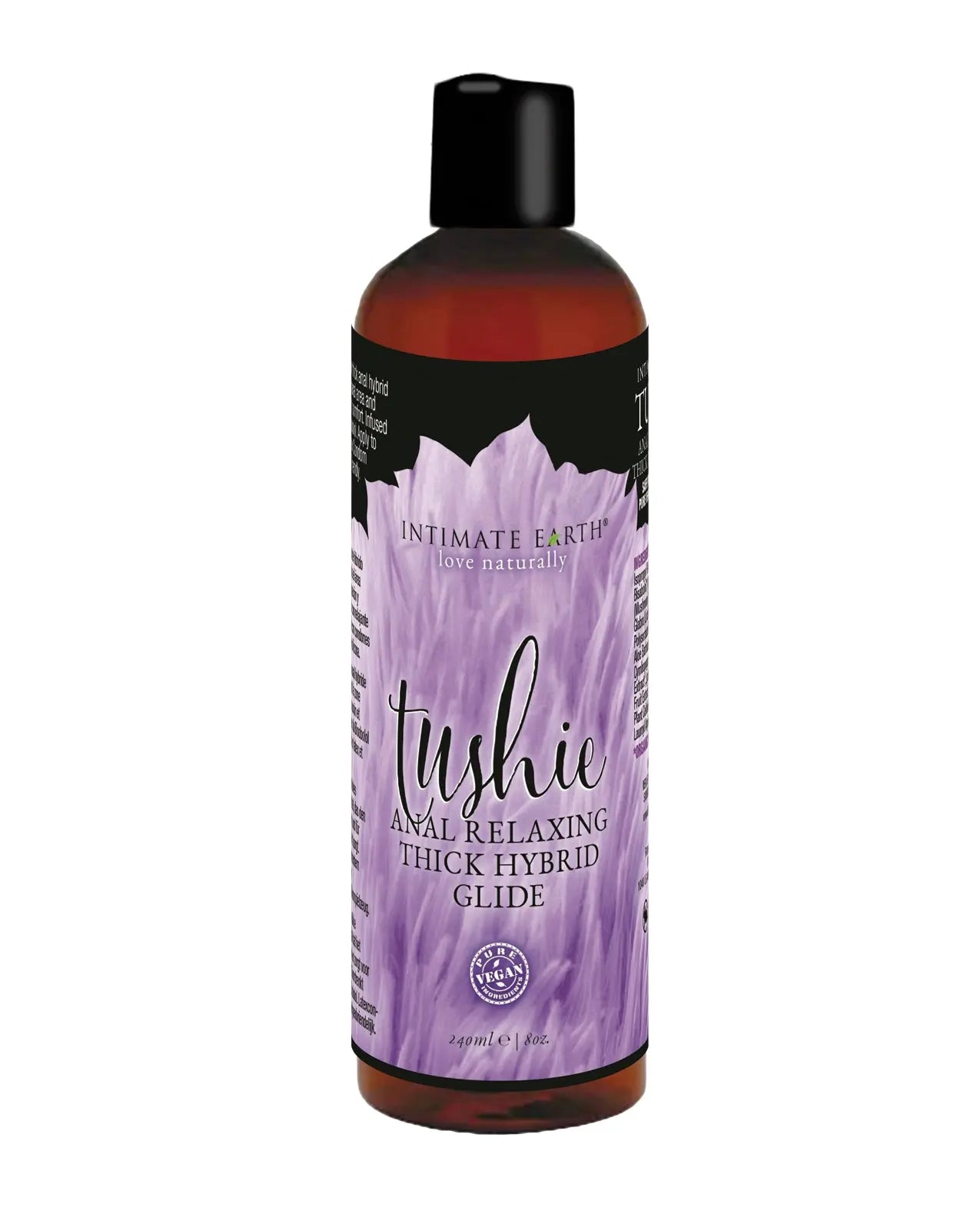 Bottle of Intimate Earth Tushie hybrid glide, anal relaxing lubricant, on a white background