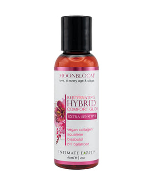 Bottle of Intimate Earth Moonbloom Rejuvenating Hybrid Comfort Glide personal Lubricant on a white background