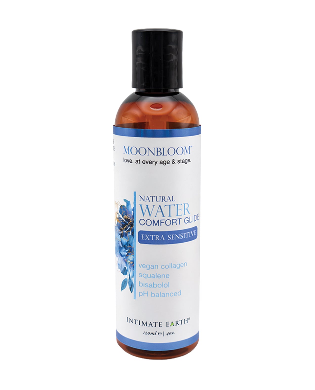 Bottle of Moonbloom Natural Water Comfort Glide personal hydrating lubricant on a white background