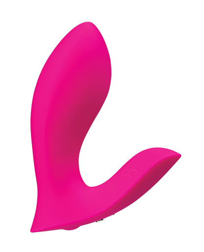 Pink silicone Lovense Flexer Dual Panty Vibrator on a white background