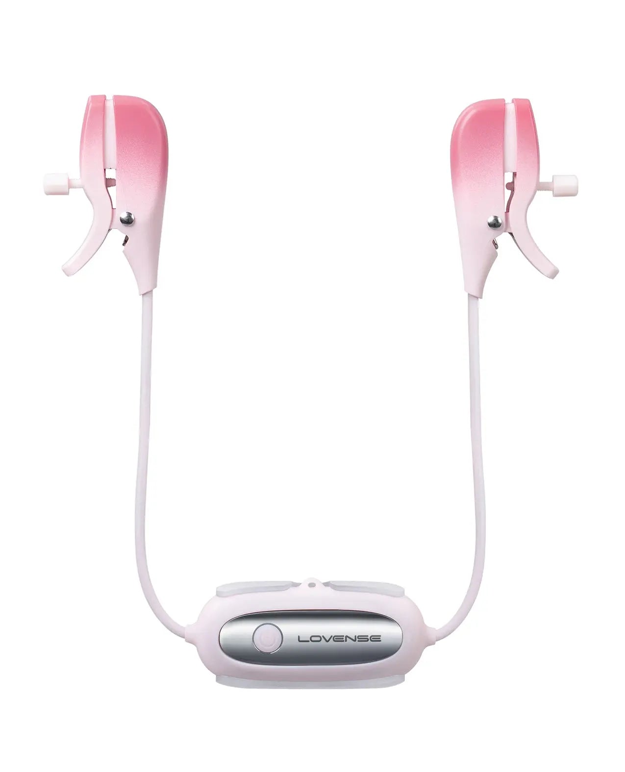 Pink and white Lovense Gemini Vibrating Nipple Clamps with a central control unit on a white background