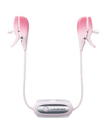 Pink and white Lovense Gemini Vibrating Nipple Clamps with a central control unit on a white background