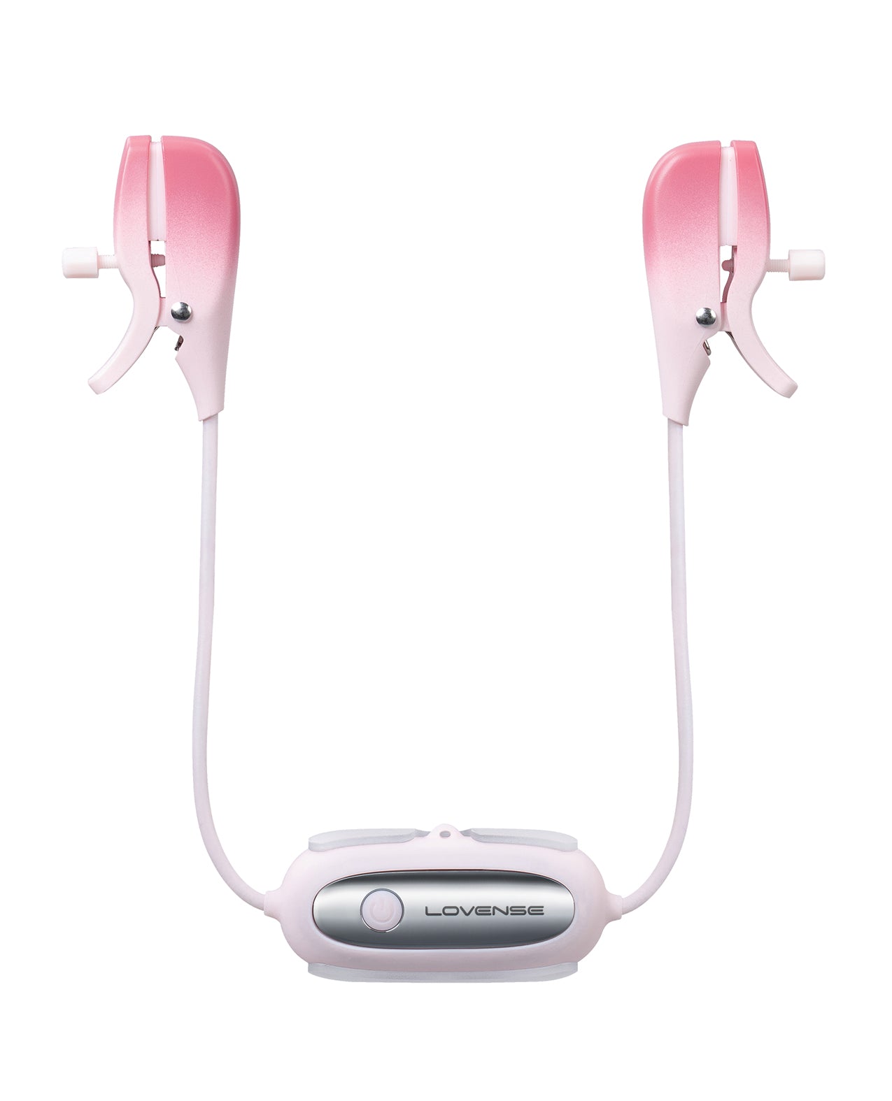 Pink and white Lovense Gemini Vibrating Nipple Clamps with a central control unit on a white background