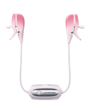 Pink and white Lovense Gemini Vibrating Nipple Clamps with a central control unit on a white background