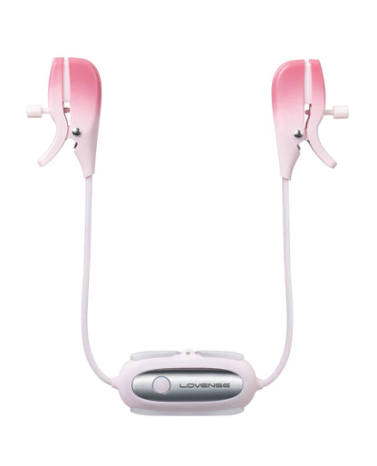 Pink and white Lovense Gemini Vibrating Nipple Clamps with a central control unit on a white background