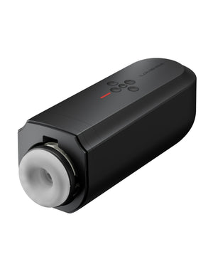 Black Lovense Solace Thrusting Masturbator device with a white component on a white background