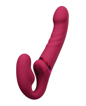 Pink silicone Lovense Lapis Vibrating Strapless Strap-On on a white background