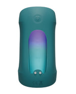 Teal handheld masturbating device with a gradient purple light on a white background