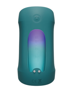 Teal handheld masturbating device with a gradient purple light on a white background