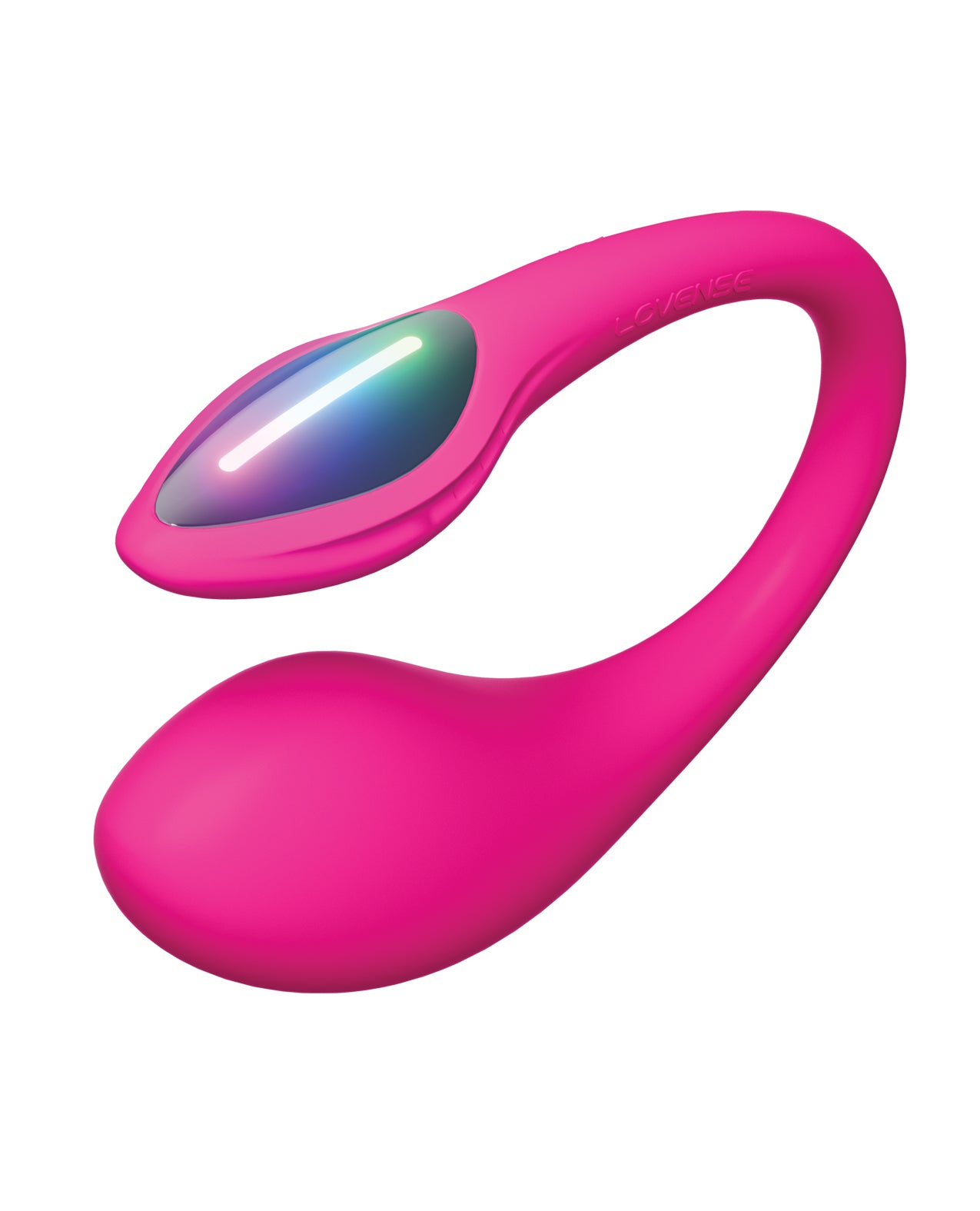 Pink silicone vibrator with a reflective surface on a white background
