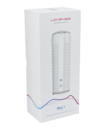 Lovense Max 2 Rechargeable Male Masturbator with White Case retail packaging box front, showing the product through the window