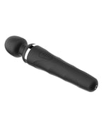 Black handheld Lovense Domi 2 Flexible Rechargeable Mini Wand device on a white background
