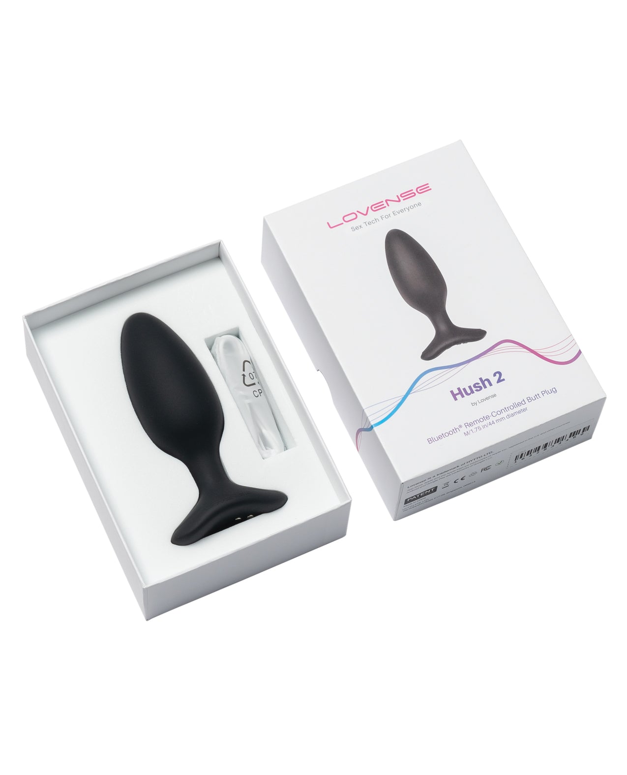 Black Hush 2 anal plug product in open packaging with Lovense branding on a white background