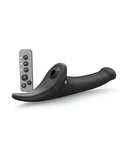 Strap-On-Me Multi Orgasm Vibrating Dildo in black with its wireless remote control, no packaging shown