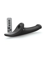 Strap-On-Me Multi Orgasm Vibrating Dildo in black with its wireless remote control, no packaging shown