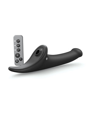 Strap-On-Me Multi Orgasm Vibrating Dildo in black with its wireless remote control, no packaging shown