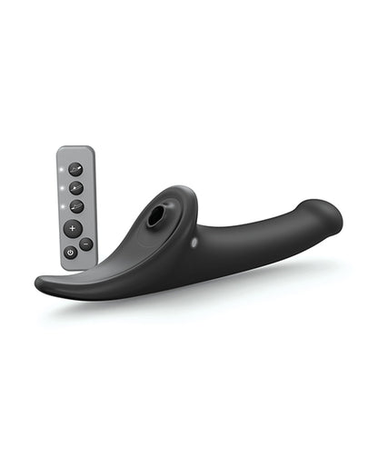 Strap-On-Me Multi Orgasm Vibrating Dildo in black with its wireless remote control, no packaging shown
