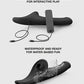 Strap-On-Me Multi Orgasm Vibrating Dildo infographic showing USB charging ports and waterproof splash demonstration