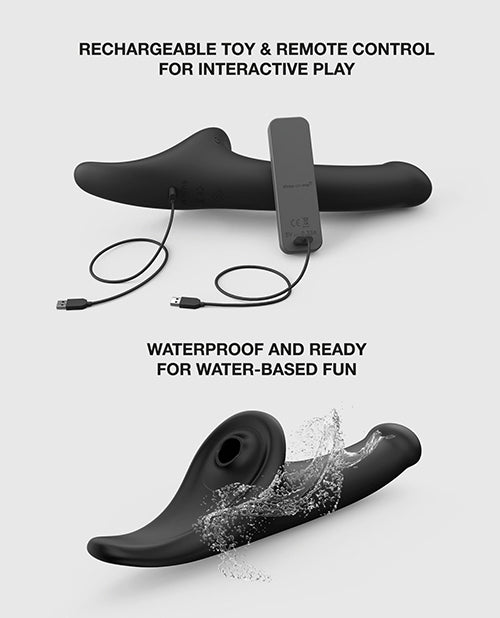 Strap-On-Me Multi Orgasm Vibrating Dildo infographic showing USB charging ports and waterproof splash demonstration