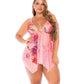 Mapale Floral Printed Mesh Babydoll with Convertible Straps & G-String 2 pc Set | Pink 3X/4X