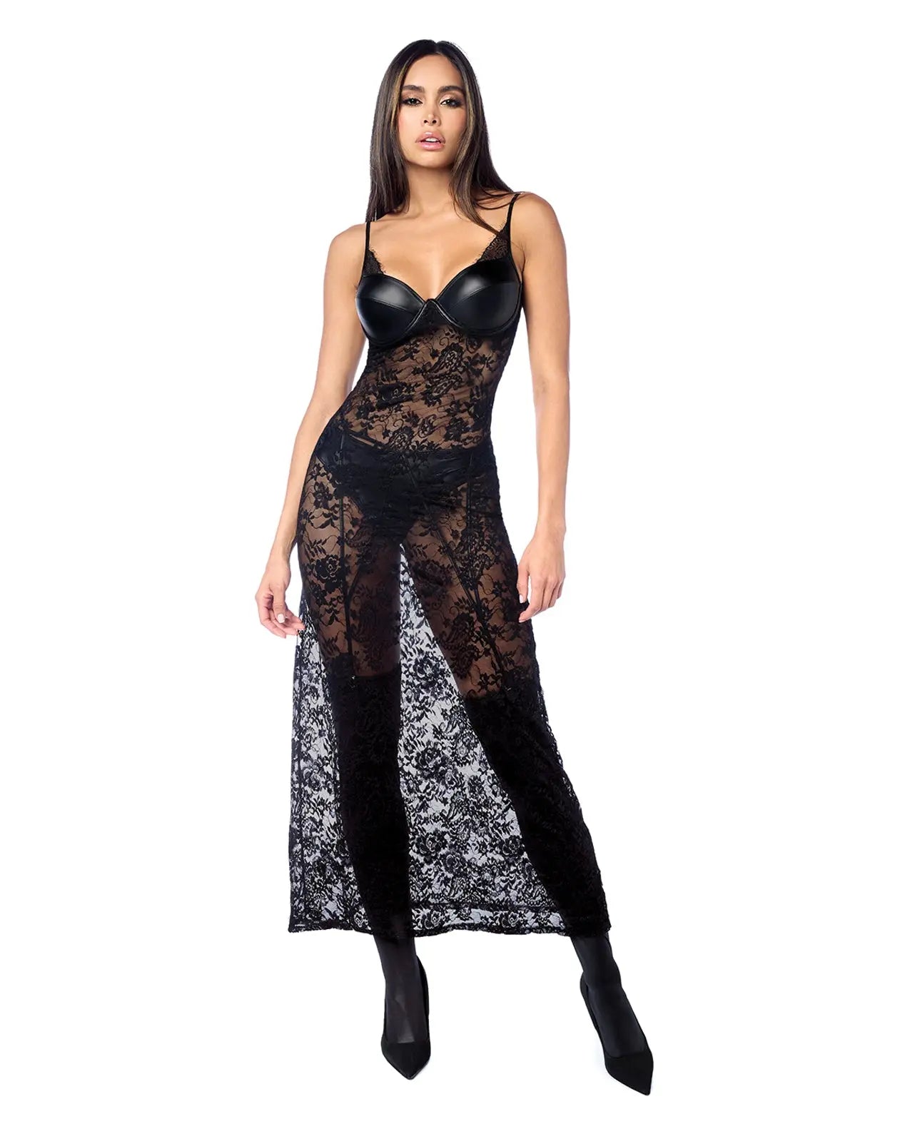 Mapale Lace Underwire Long Gown with Panty & Garter Belt 2 pc Set (Stockings not Included) | Black S/M Mapale