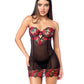 Mapale Untamed Floral Embroidered Underwire Babydoll with Back Lace Up Detail & G-String | Black/Red MD