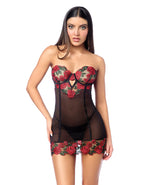 Mapale Untamed Floral Embroidered Underwire Babydoll with Back Lace Up Detail & G-String | Black/Red XL Mapale