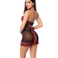 Mapale Untamed Floral Embroidered Underwire Babydoll with Back Lace Up Detail & G-String | Black/Red XL Mapale