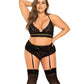 Mapale Lace Underwire Bra, Thong & Garterbelt with Lace Up Detail Black 1X/2X Mapale