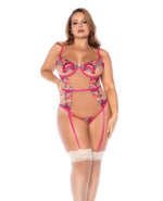 Mapale Seductive Garden Floral Mesh Teddy with Attached Garters - Multi-Color 3X/4X Mapale