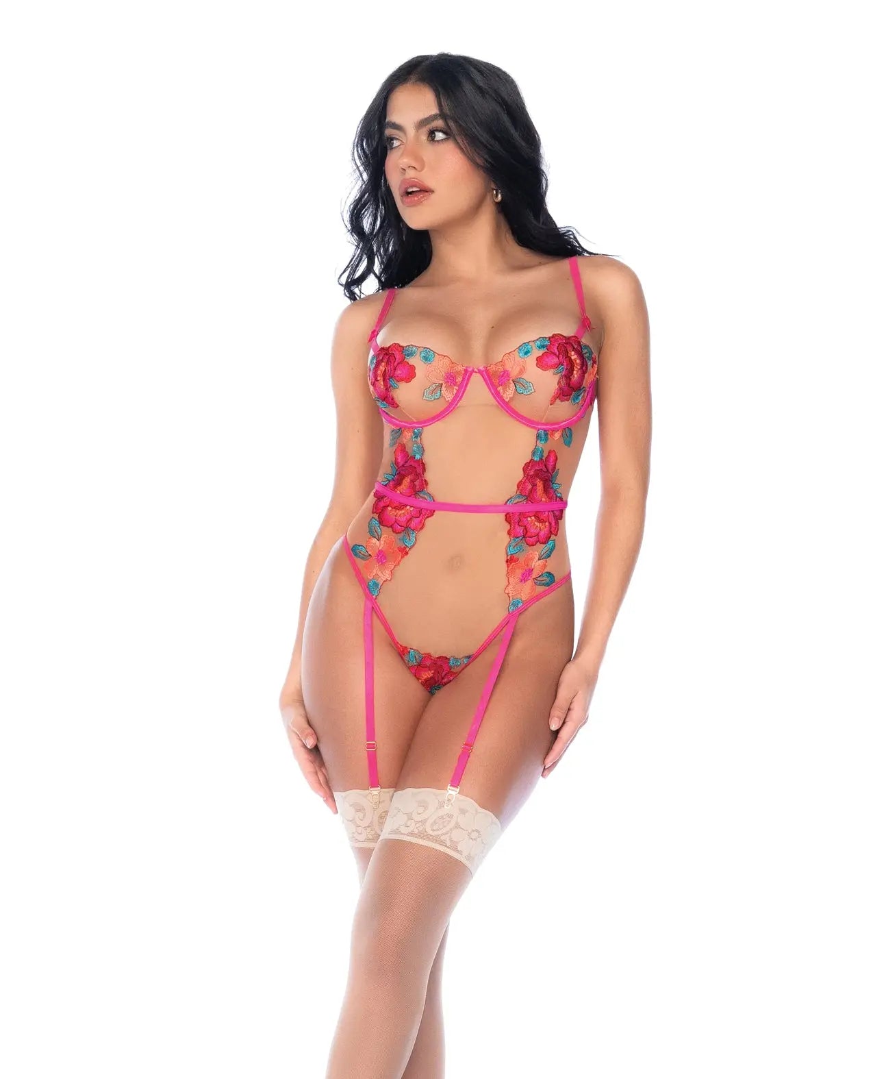 Mapale Seductive Garden Floral Mesh Teddy with Attached Garters - Multi-Color L/XL Mapale