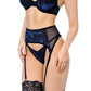 Mapale Floral Mesh Underwire Top with G-String & Garter Belt 3 pc Set | Black/Blue L/XL Mapale