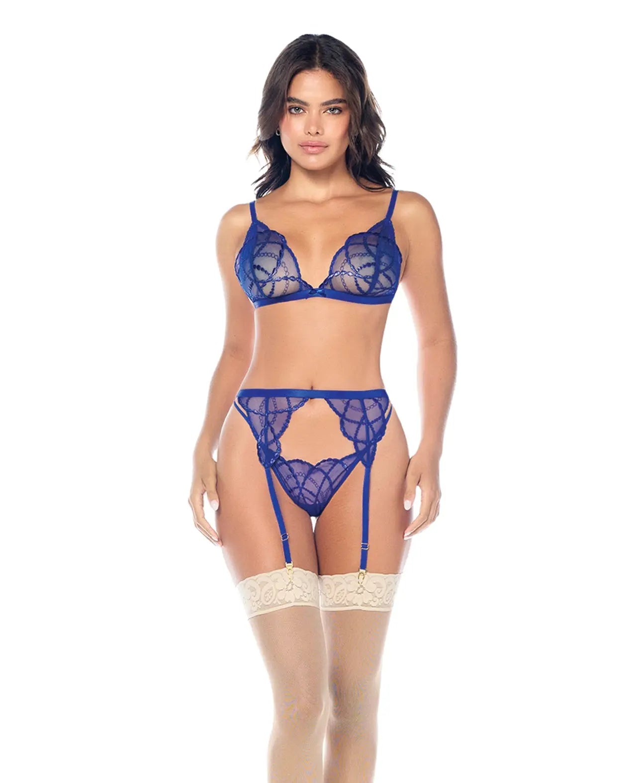 Mapale Lace Bralette with G-String & Garter 3 pc Set - Sapphire Blue L/XL Mapale