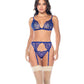 Mapale Lace Bralette with G-String & Garter 3 pc Set - Sapphire Blue S/M Mapale